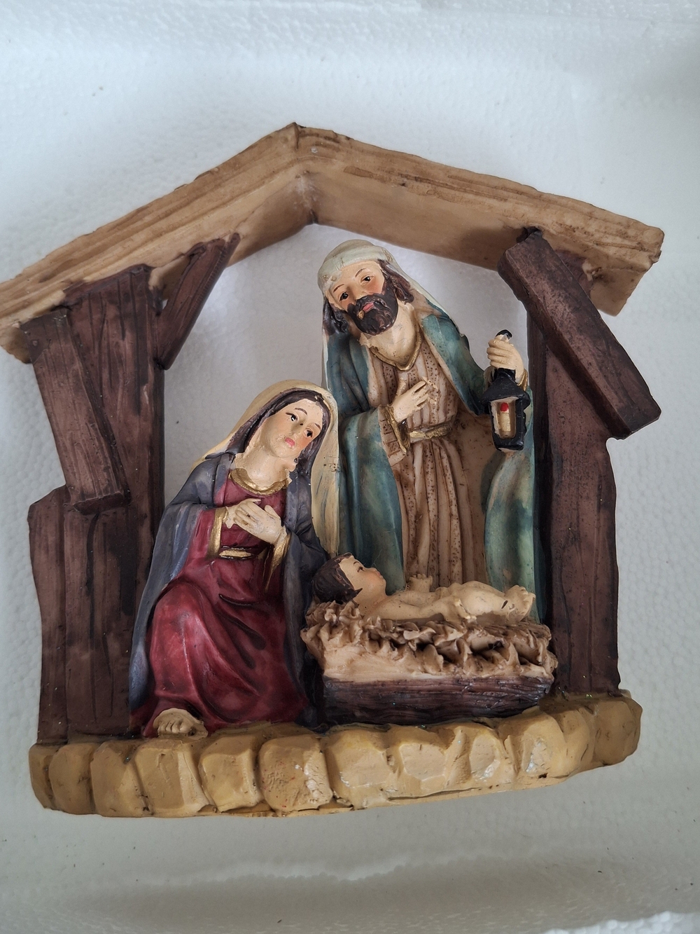 Hand-Painted Nativity Scene Figurine Set in Red, Blue, and Brown